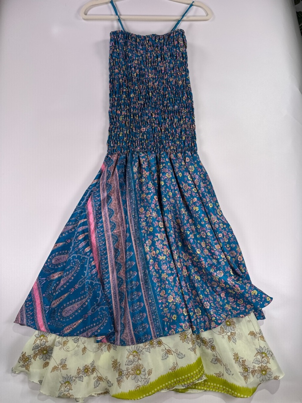 Fairycore Boho Smocked Tiered Maxi Dress Mixed Floral Silk Teal OS - Picture 3 of 12